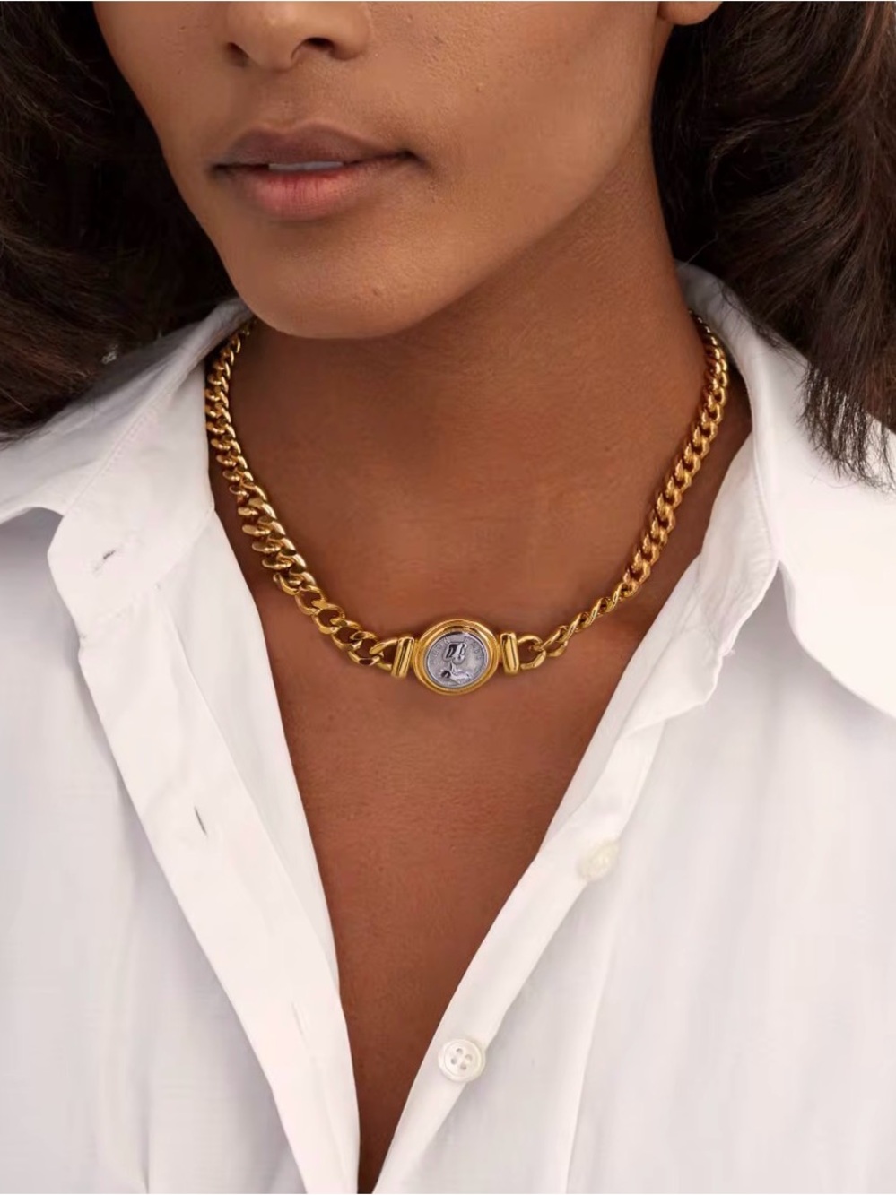 Cuban Style necklace 18K Gold Plated Coin Pendant Chain Necklace - Picture 3 of 6
